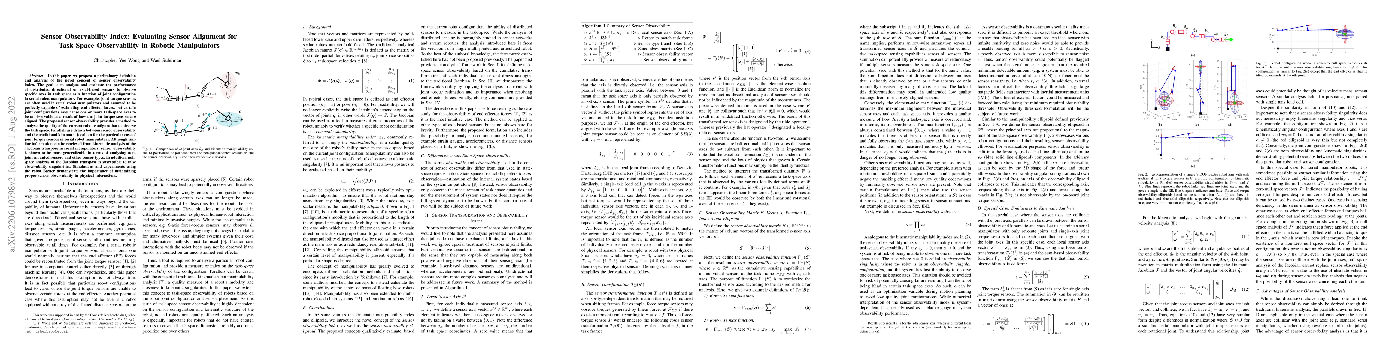 Thumbnail for Sensor Observability Index: Evaluating Sensor Alignment for Task-Space
  Observability in Robotic Manipulators