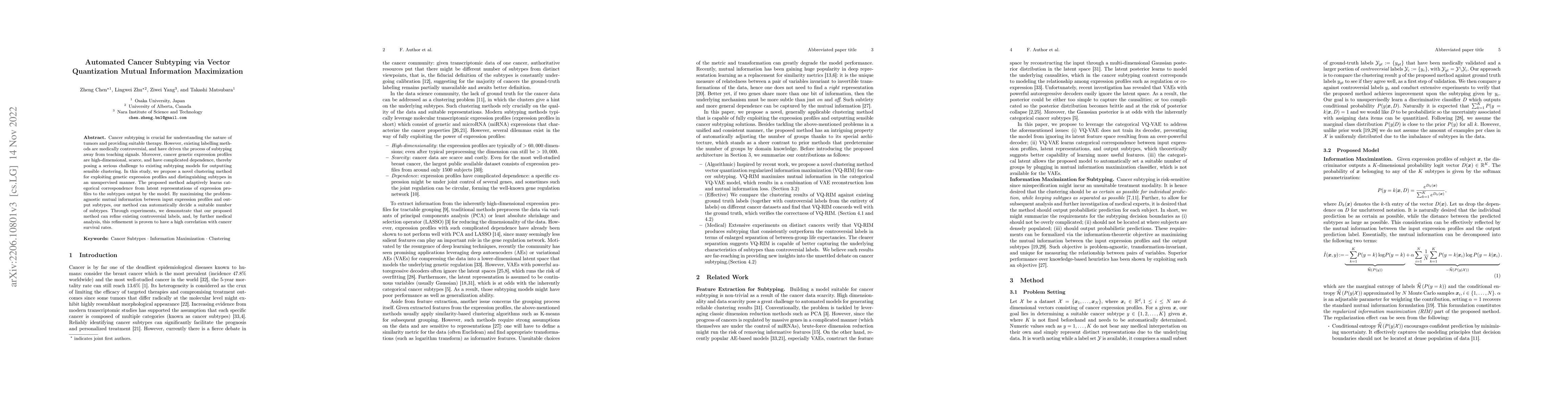 Thumbnail for Automated Cancer Subtyping via Vector Quantization Mutual Information
  Maximization
