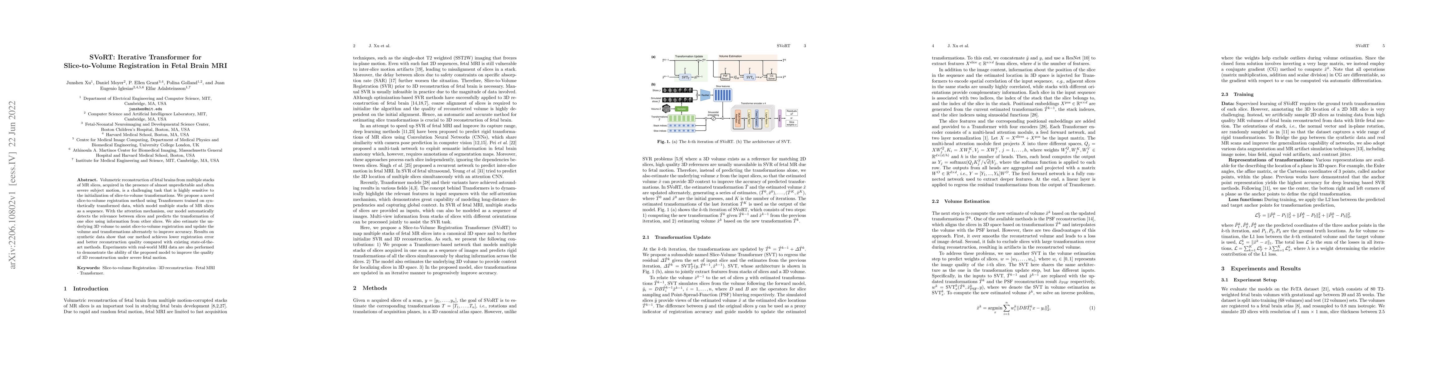 Thumbnail for SVoRT: Iterative Transformer for Slice-to-Volume Registration in Fetal
  Brain MRI