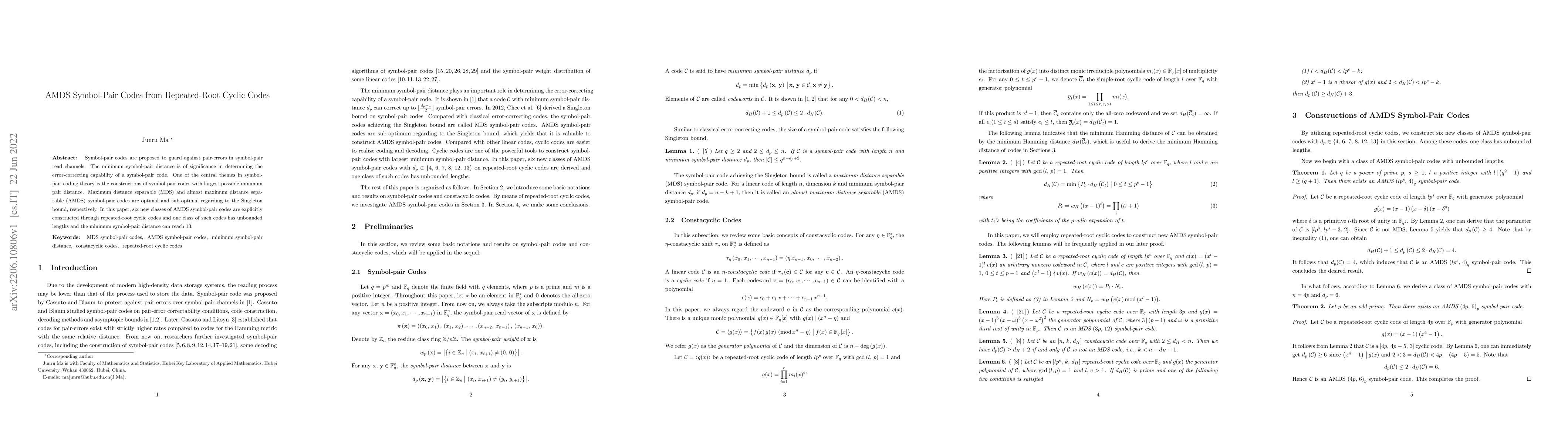 Thumbnail for AMDS Symbol-Pair Codes from Repeated-Root Cyclic Codes