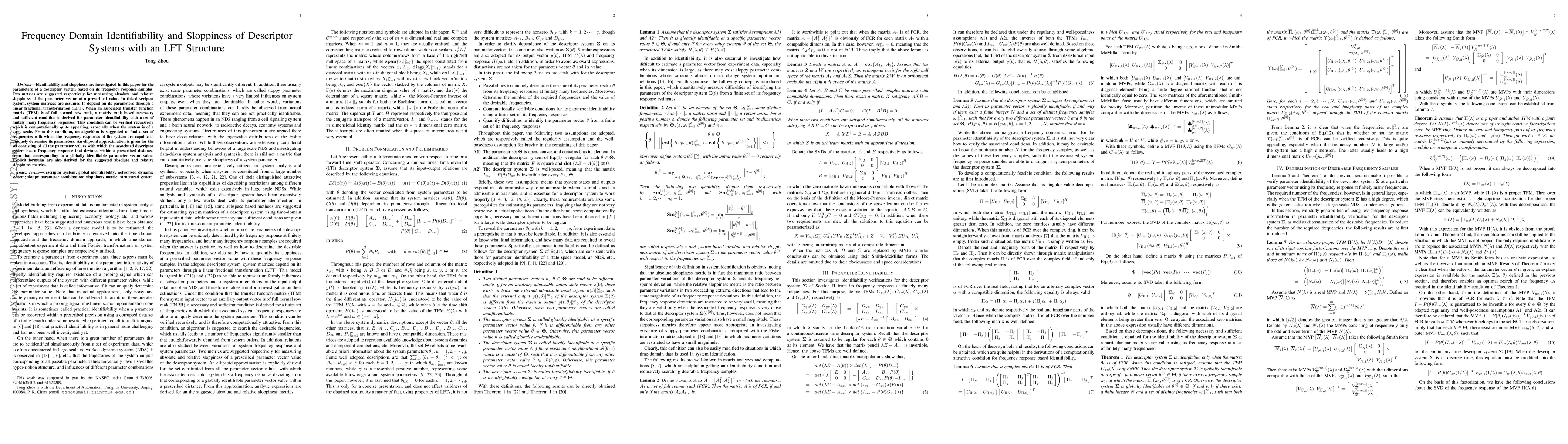 Thumbnail for Frequency Domain Identifiability and Sloppiness of Descriptor Systems
  with an LFT Structure