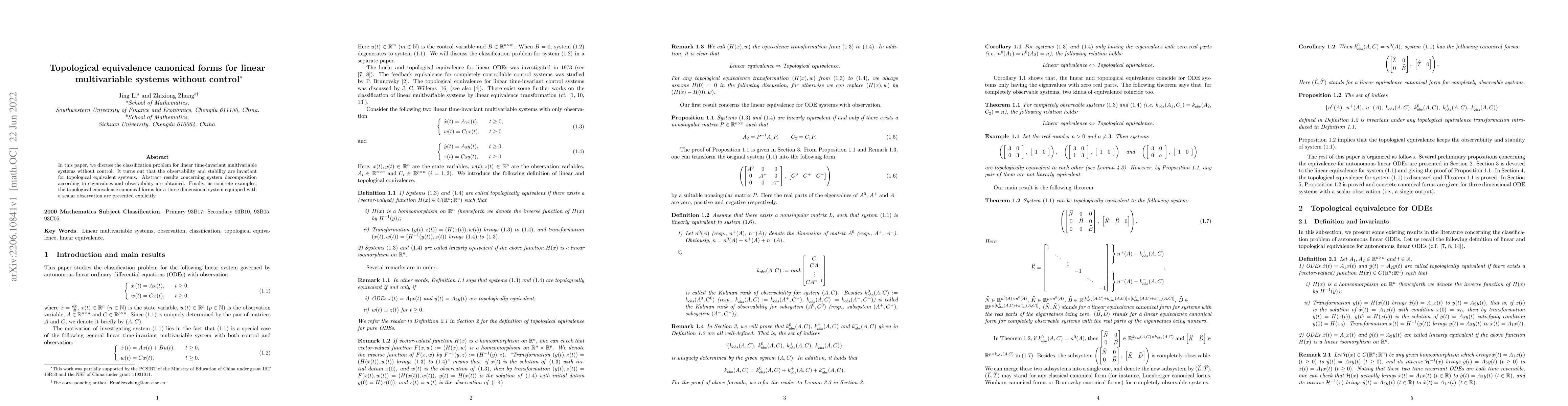 Thumbnail for Topological equivalence canonical forms for linear multivariable systems
  without control