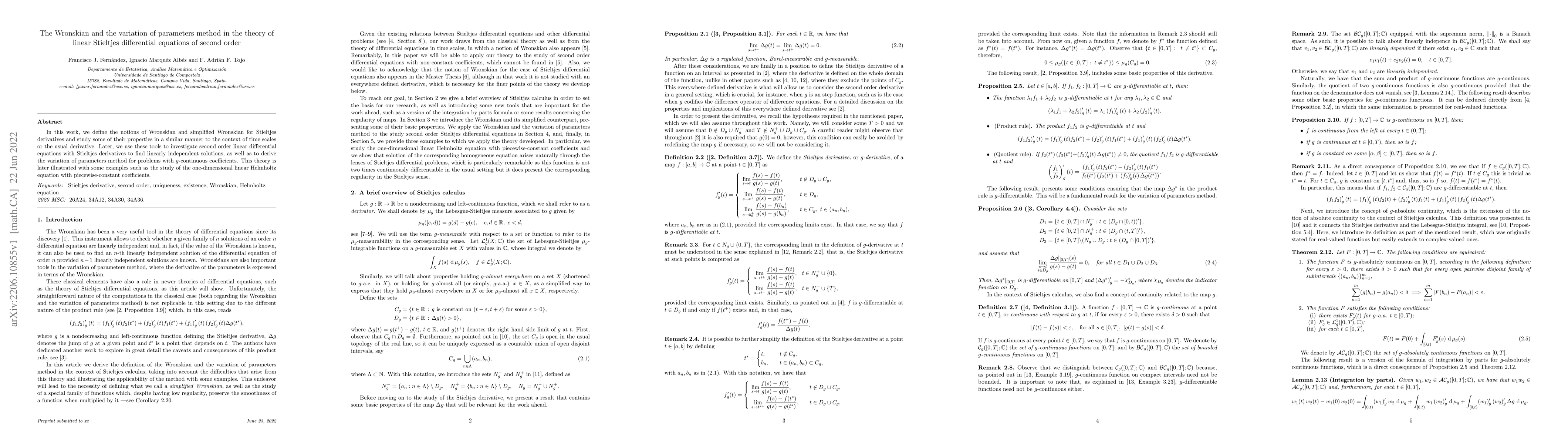 Thumbnail for The Wronskian and the variation of parameters method in the theory of
  linear Stieltjes differential equations of second order