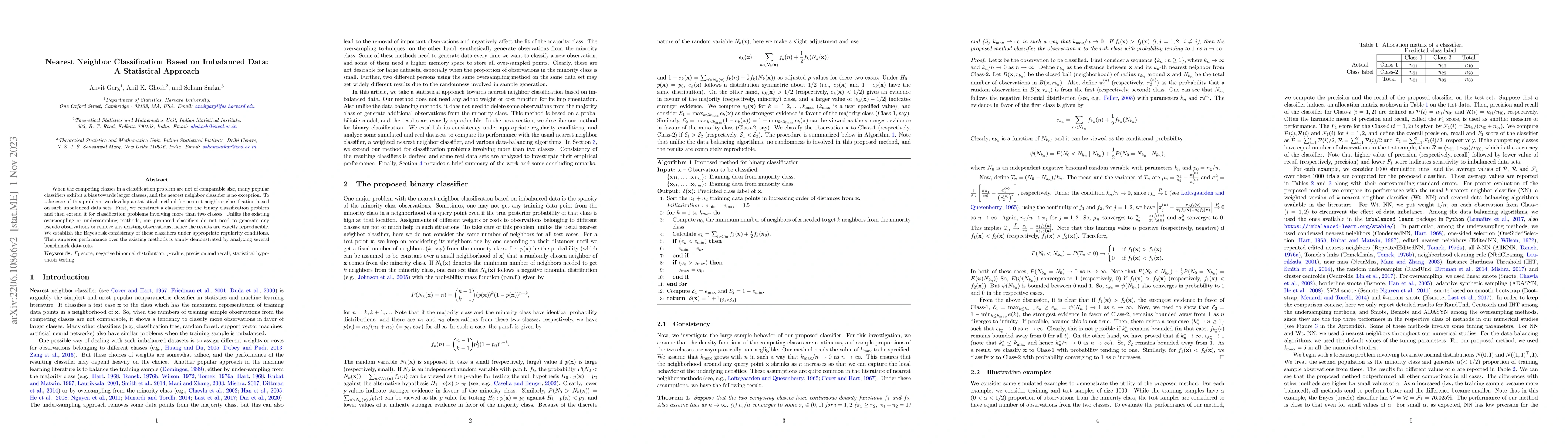 Thumbnail for Nearest Neighbor Classification based on Imbalanced Data: A Statistical
  Approach