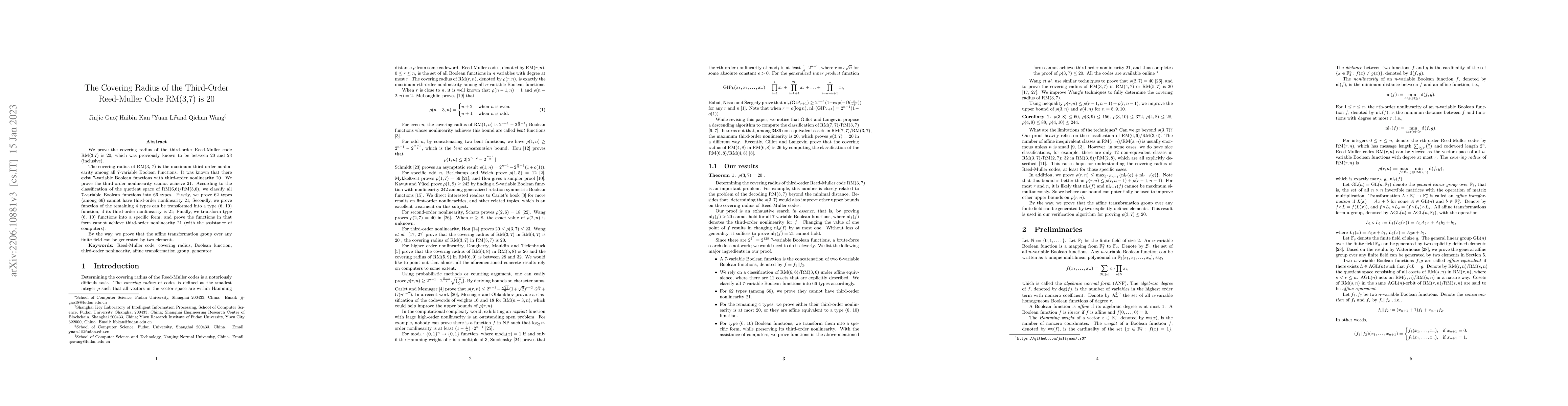 Thumbnail for The Covering Radius of the Third-Order Reed-Muller Code RM(3,7) is 20