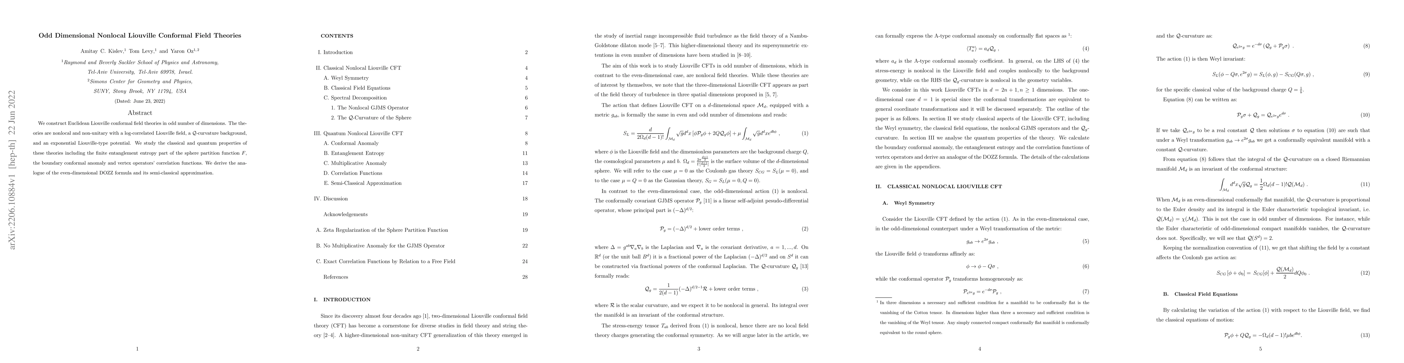 Thumbnail for Odd Dimensional Nonlocal Liouville Conformal Field Theories