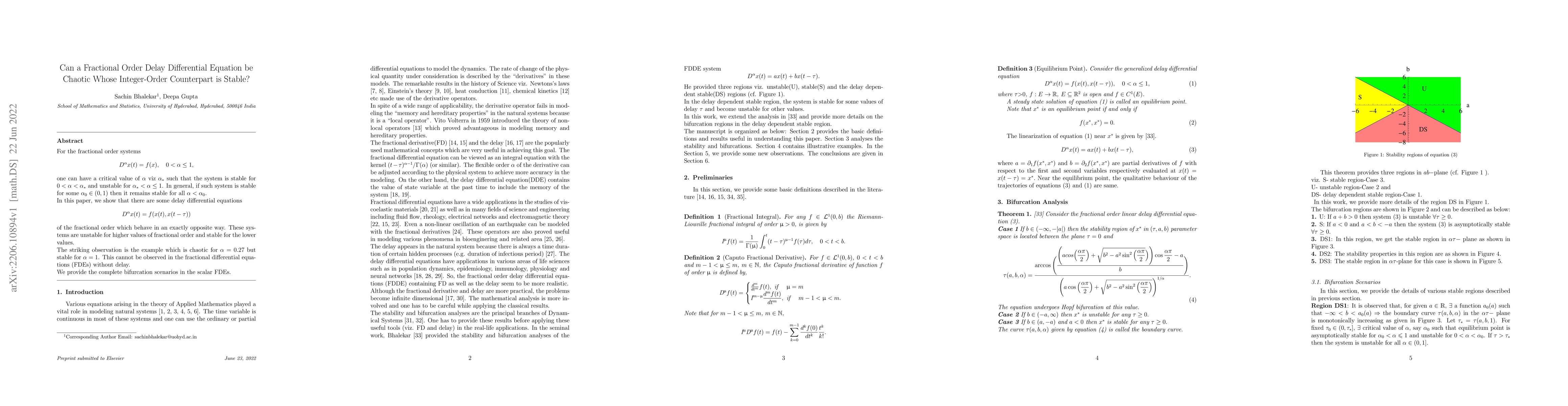 Thumbnail for Can a Fractional Order Delay Differential Equation be Chaotic Whose
  Integer-Order Counterpart is Stable?