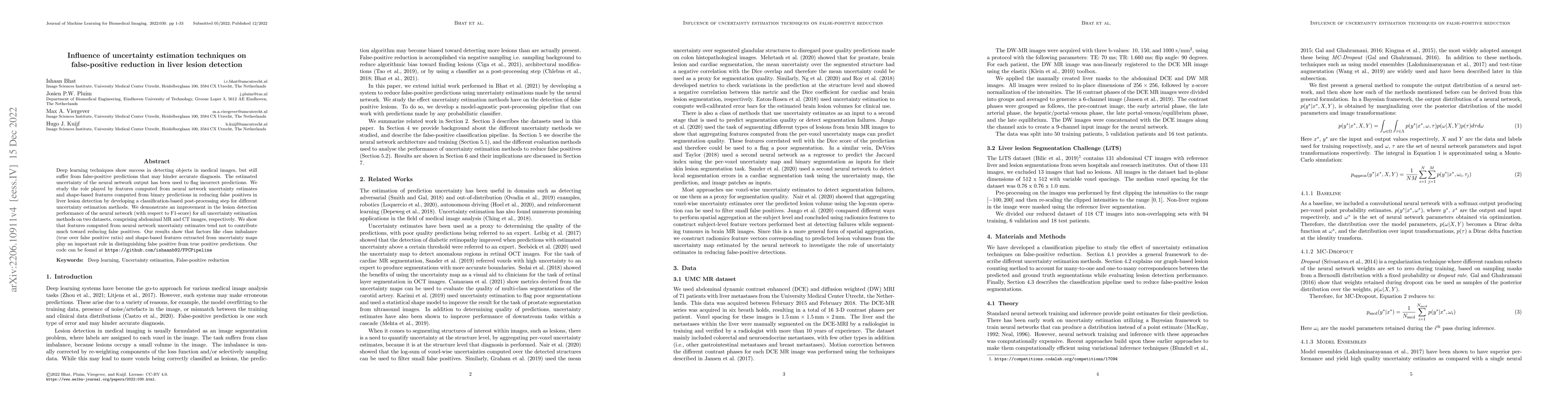 Thumbnail for Influence of uncertainty estimation techniques on false-positive
  reduction in liver lesion detection