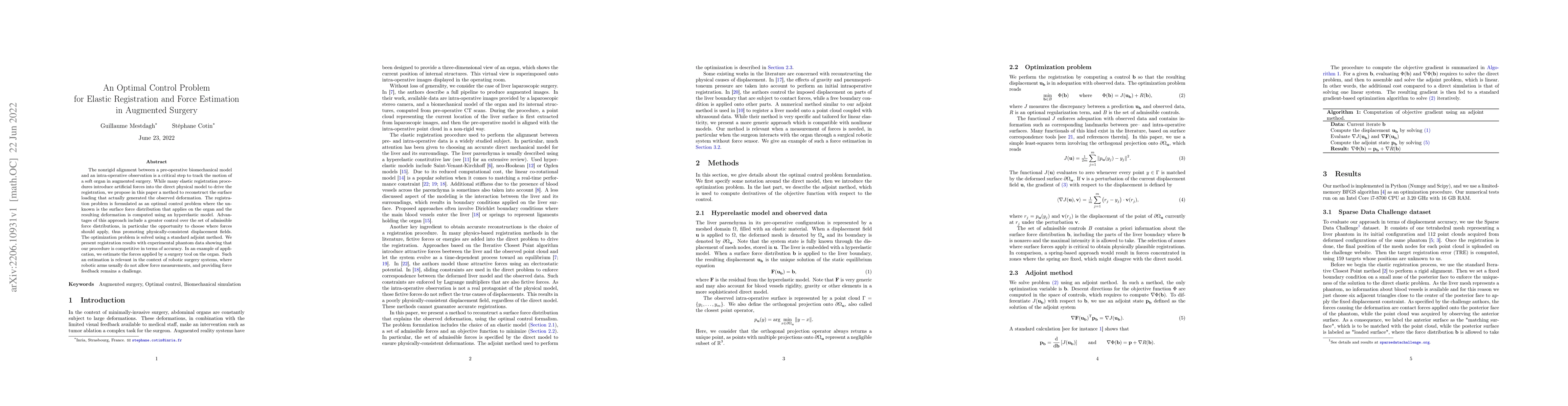 Thumbnail for An Optimal Control Problem for Elastic Registration and Force Estimation
  in Augmented Surgery