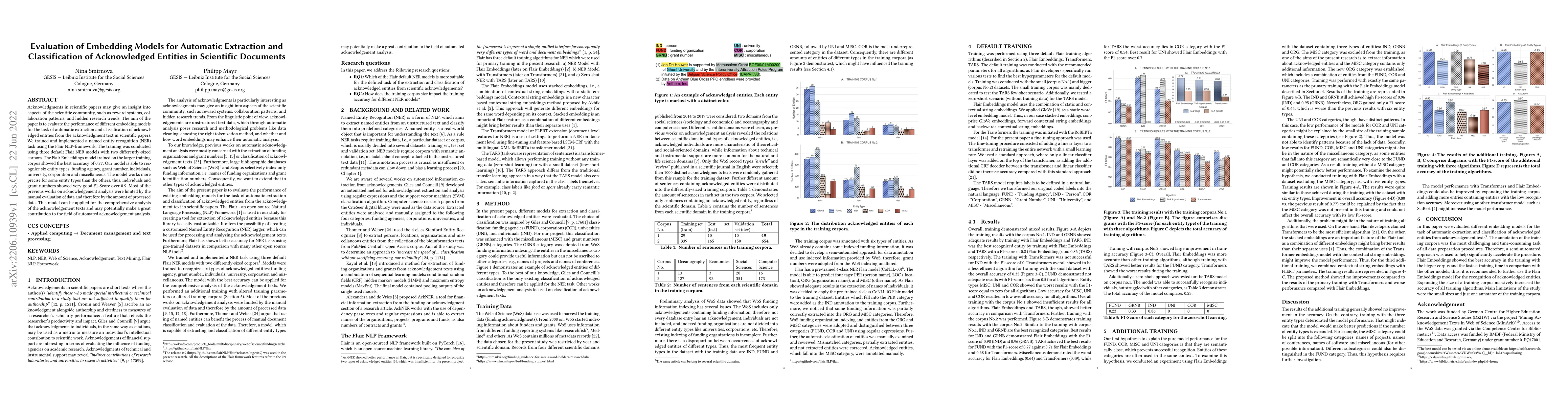 Thumbnail for Evaluation of Embedding Models for Automatic Extraction and
  Classification of Acknowledged Entities in Scientific Documents