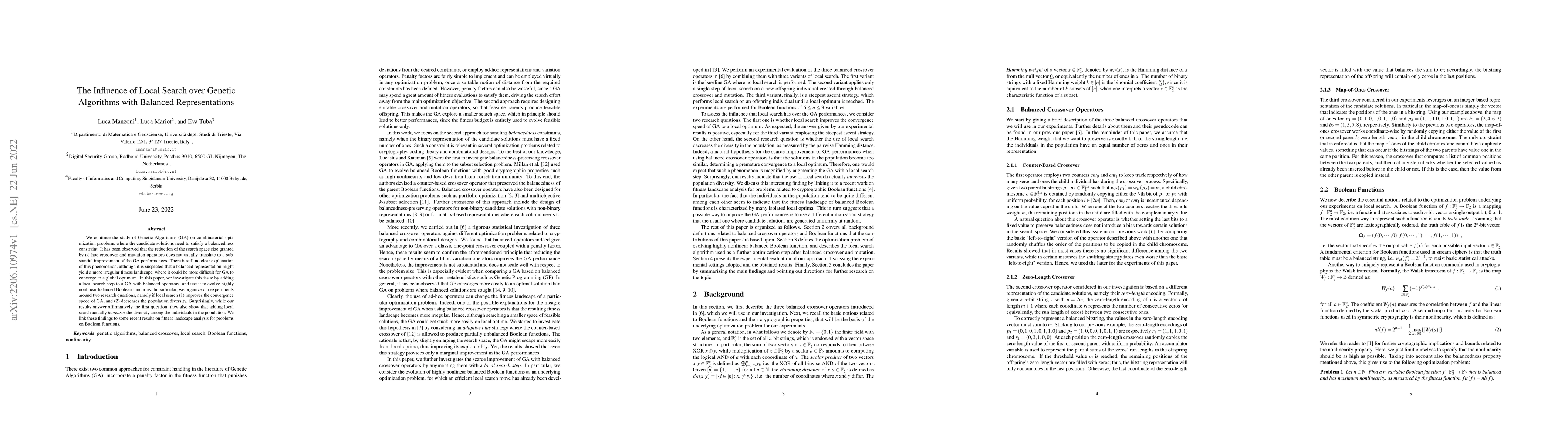 Thumbnail for The Influence of Local Search over Genetic Algorithms with Balanced
  Representations