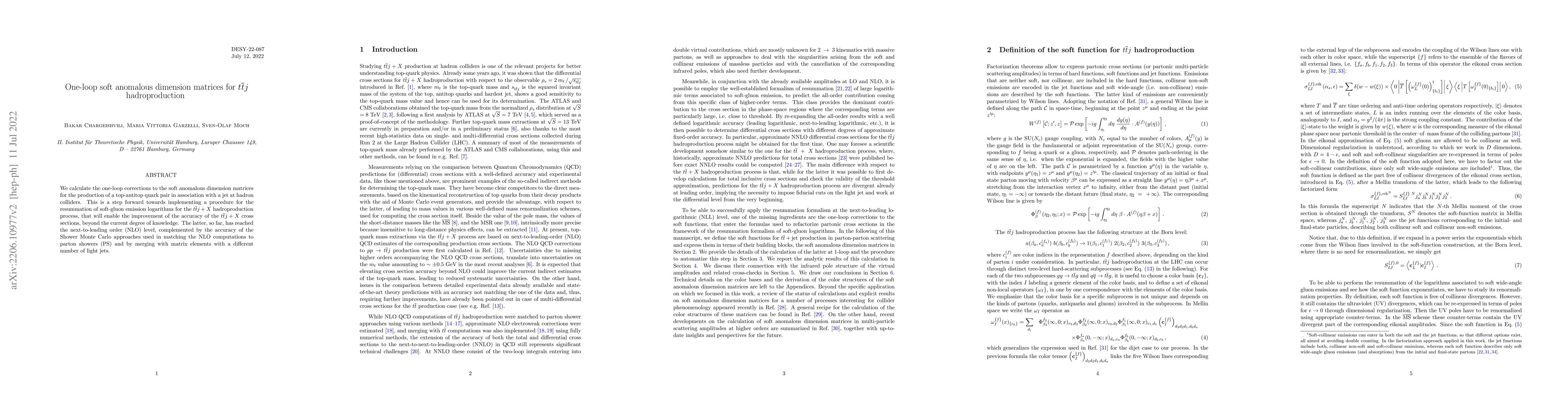 Thumbnail for One-loop soft anomalous dimension matrices for $t\bar t j$
  hadroproduction