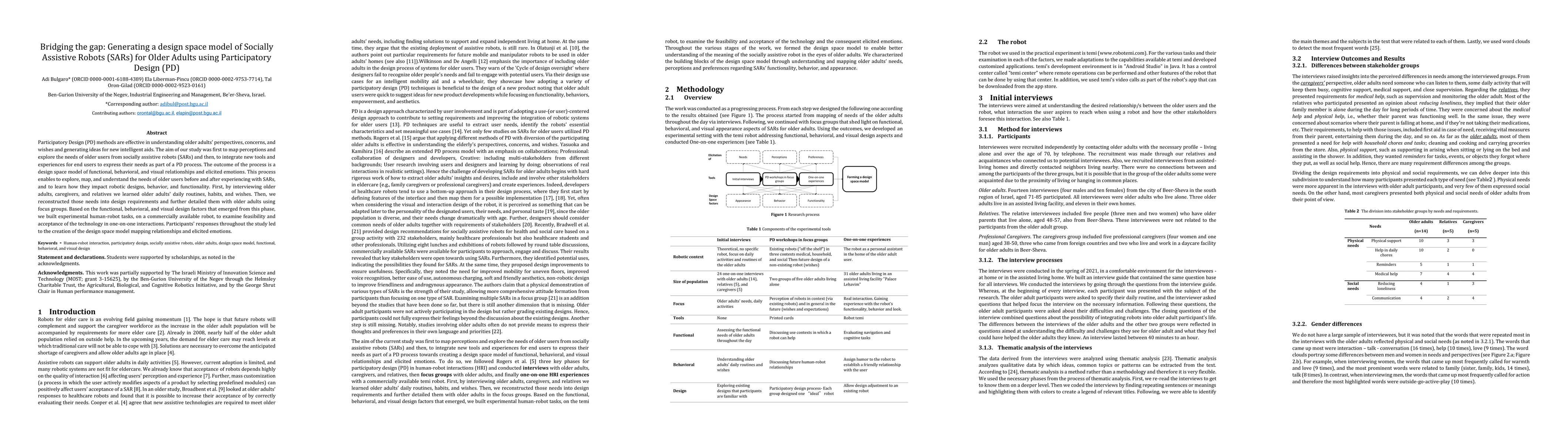 Thumbnail for Bridging the gap: Generating a design space model of Socially Assistive
  Robots (SARs) for Older Adults using Participatory Design (PD)