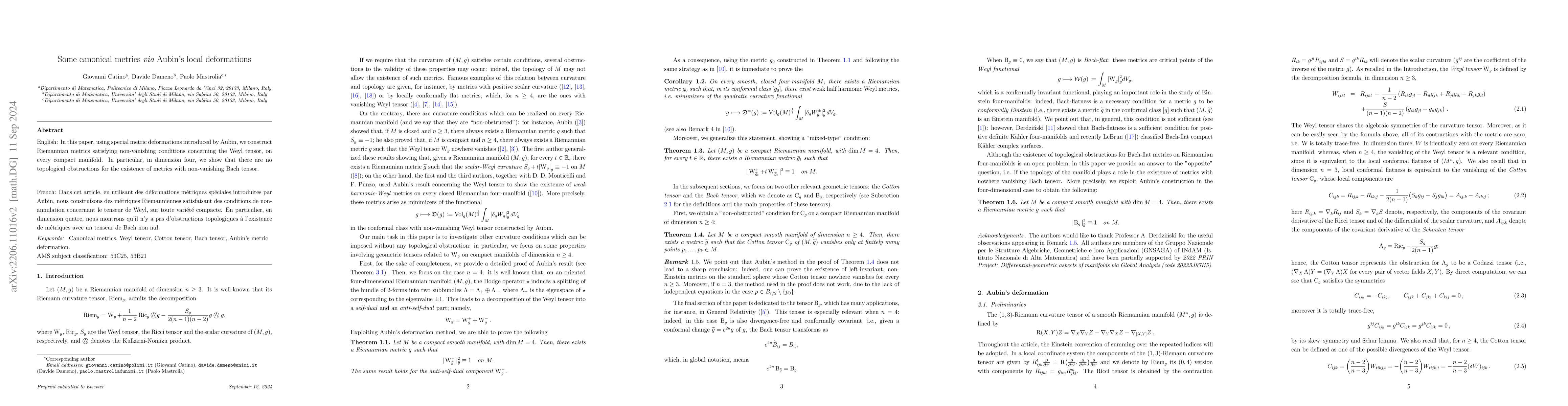 Thumbnail for Some canonical metrics {\em via} Aubin's local deformations