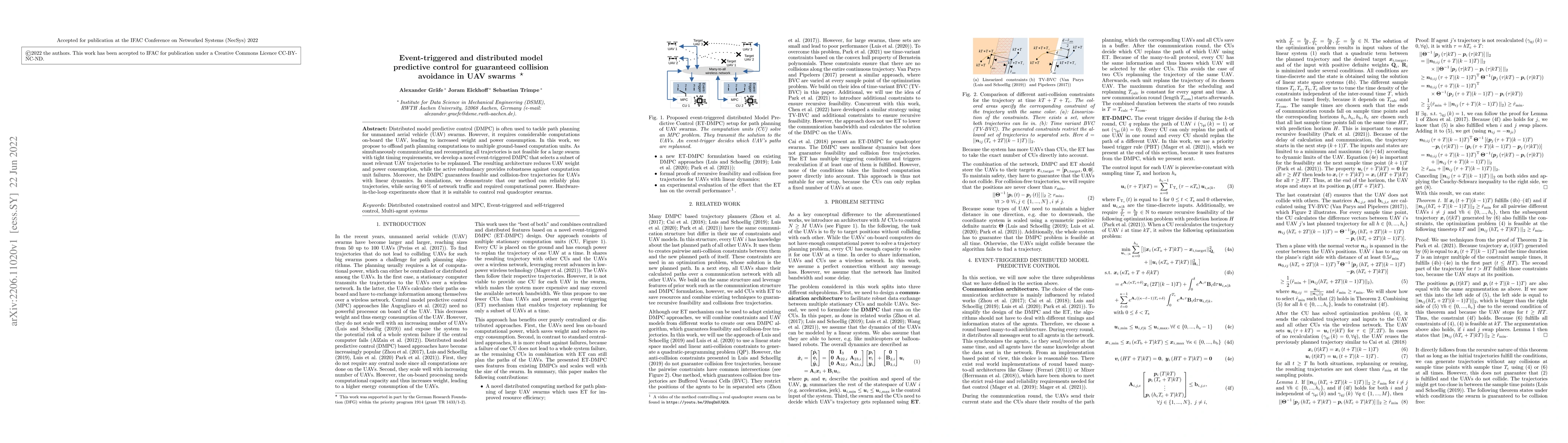 Thumbnail for Event-triggered and distributed model predictive control for guaranteed
  collision avoidance in UAV swarms