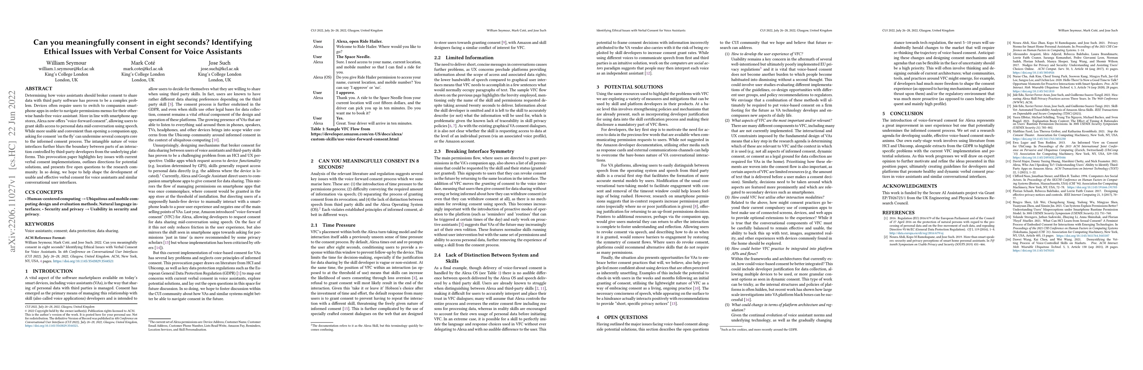 Thumbnail for Can you meaningfully consent in eight seconds? Identifying Ethical
  Issues with Verbal Consent for Voice Assistants