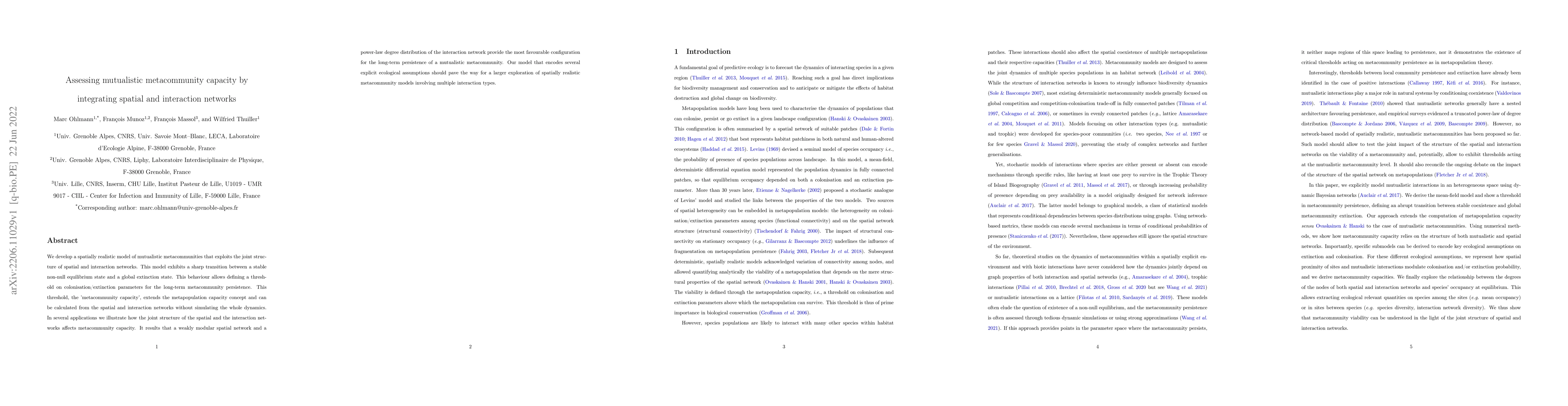 Thumbnail for Assessing mutualistic metacommunity capacity by integrating spatial and
  interaction networks