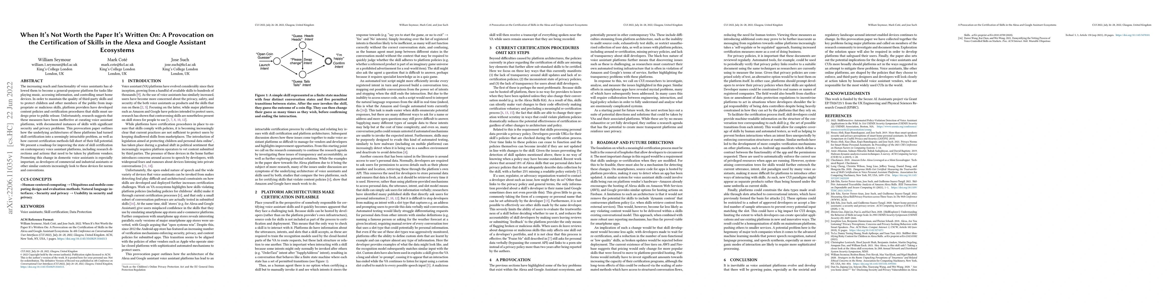 Thumbnail for When It's Not Worth the Paper It's Written On: A Provocation on the
  Certification of Skills in the Alexa and Google Assistant Ecosystems
