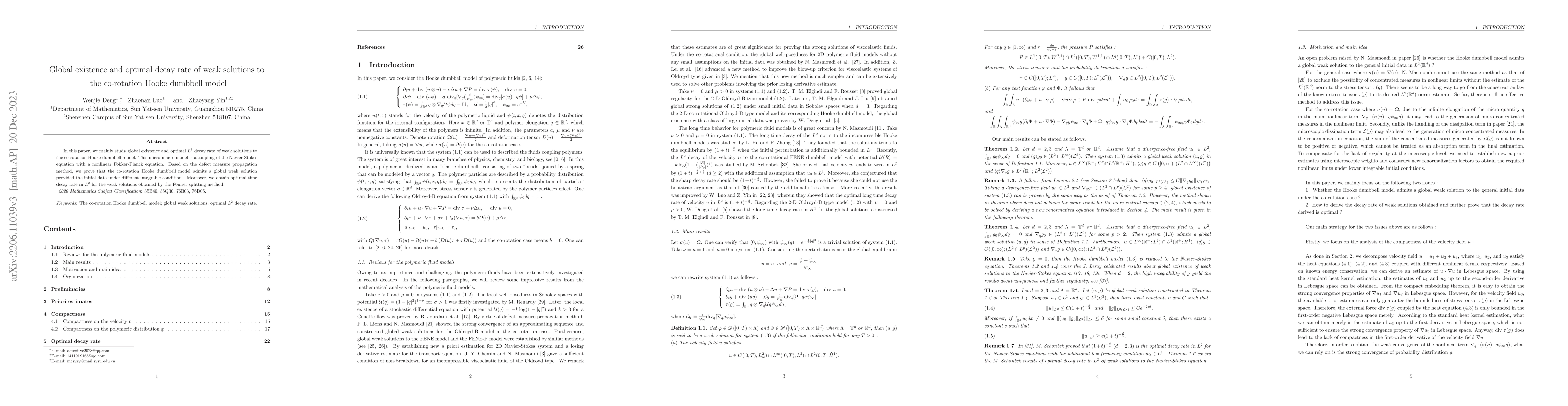 Thumbnail for Global existence and optimal decay rate of weak solutions to the
  co-rotation Hooke dumbbell model