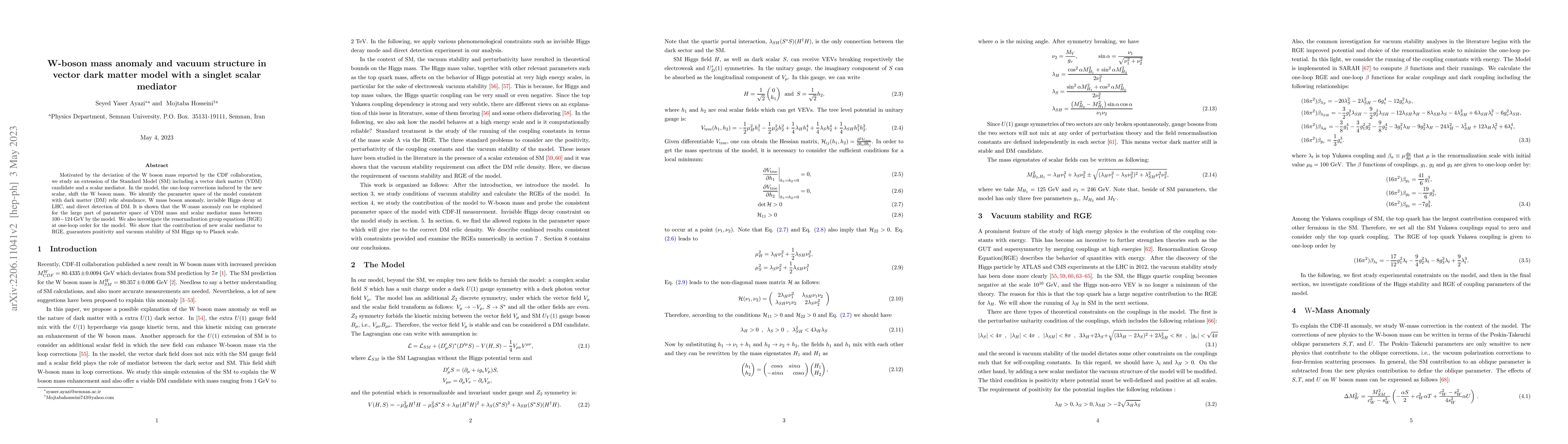 Thumbnail for W-boson mass anomaly and vacuum structure in vector dark matter model
  with a singlet scalar mediator