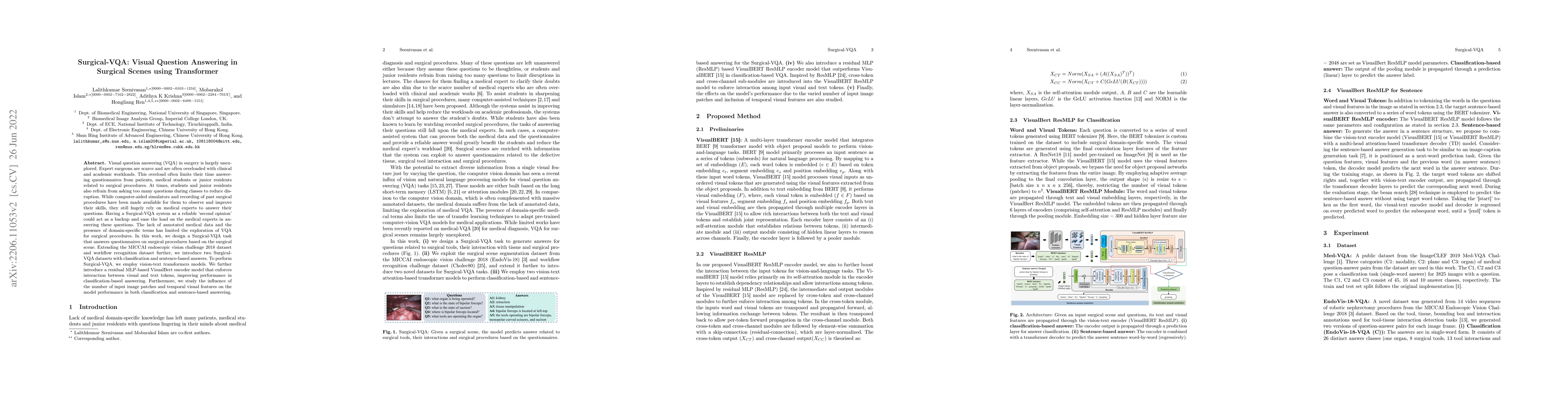 Thumbnail for Surgical-VQA: Visual Question Answering in Surgical Scenes using
  Transformer