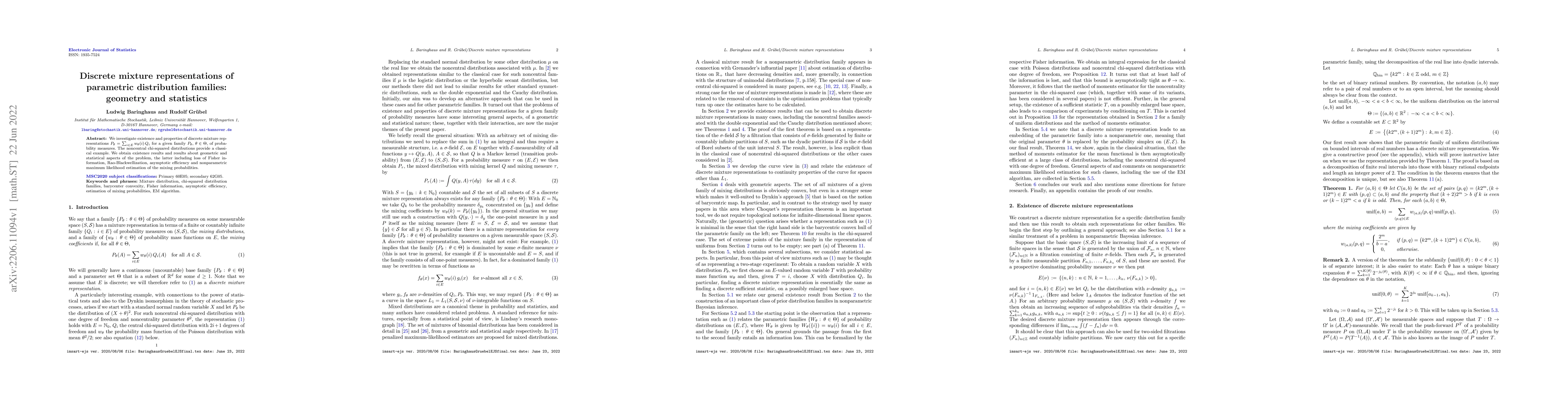 Thumbnail for Discrete mixture representations of parametric distribution families:
  geometry and statistics