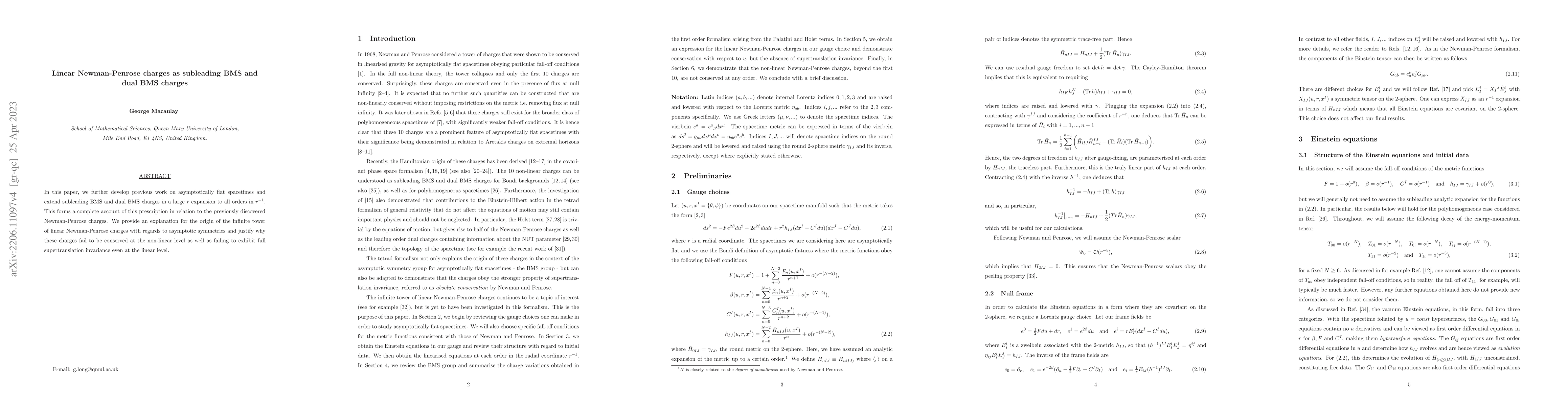 Thumbnail for Linear Newman-Penrose charges as subleading BMS and dual BMS charges