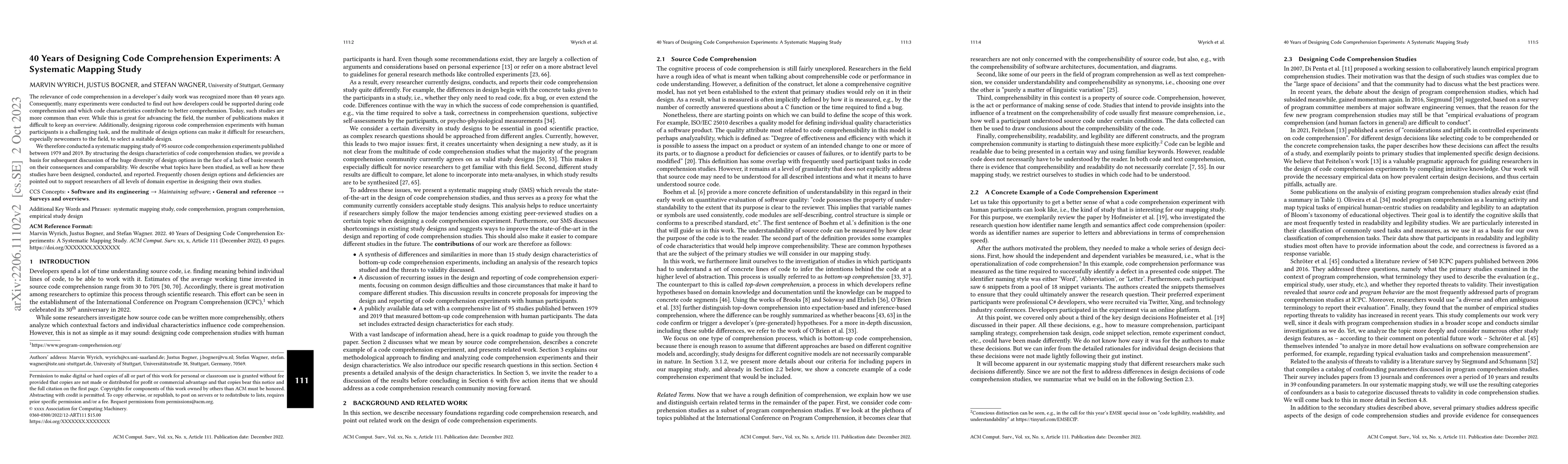 Thumbnail for 40 Years of Designing Code Comprehension Experiments: A Systematic
  Mapping Study