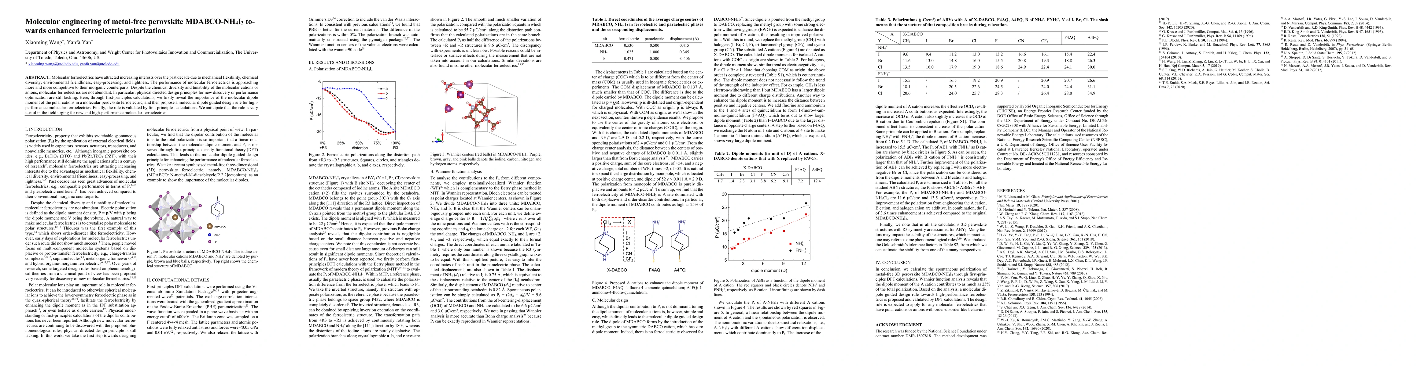 Thumbnail for Molecular engineering of metal-free perovskite MDABCO-NH4I3 towards
  enhanced ferroelectric polarization