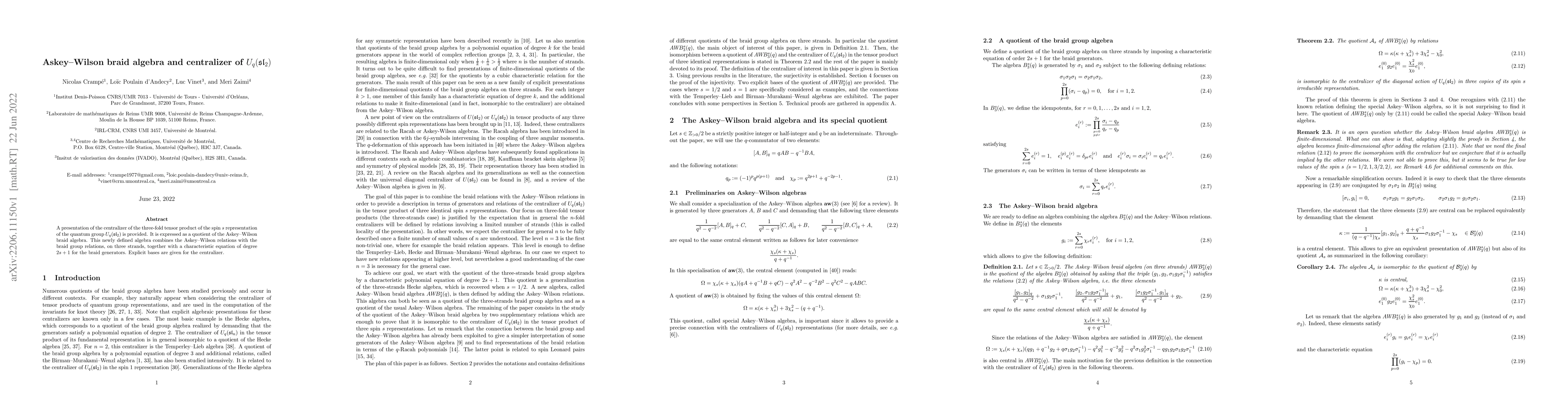 Thumbnail for Askey-Wilson braid algebra and centralizer of $U_q(\mathfrak{sl}_2)$