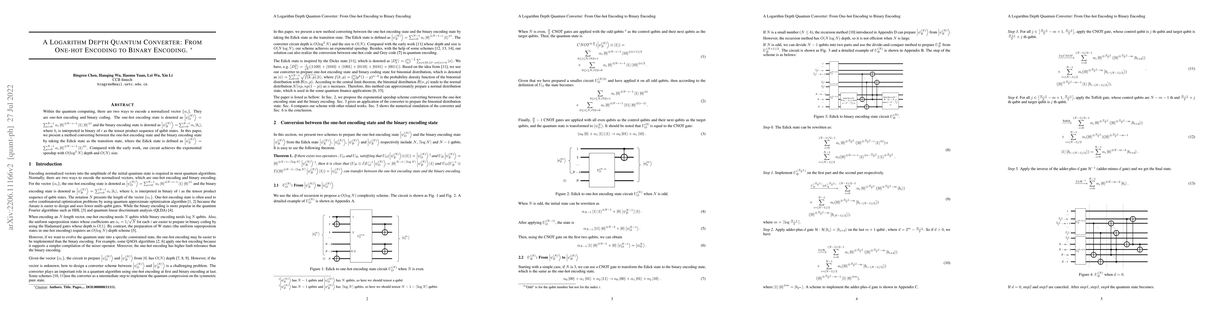 Thumbnail for A Logarithm Depth Quantum Converter: From One-hot Encoding to Binary
  Encoding