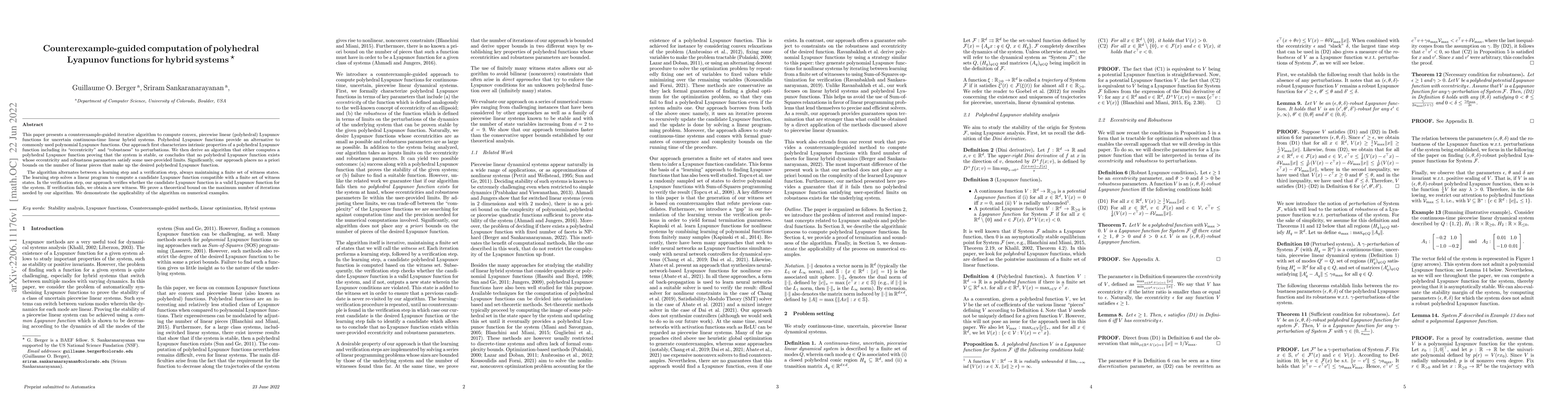 Thumbnail for Counterexample-guided computation of polyhedral Lyapunov functions for
  hybrid systems