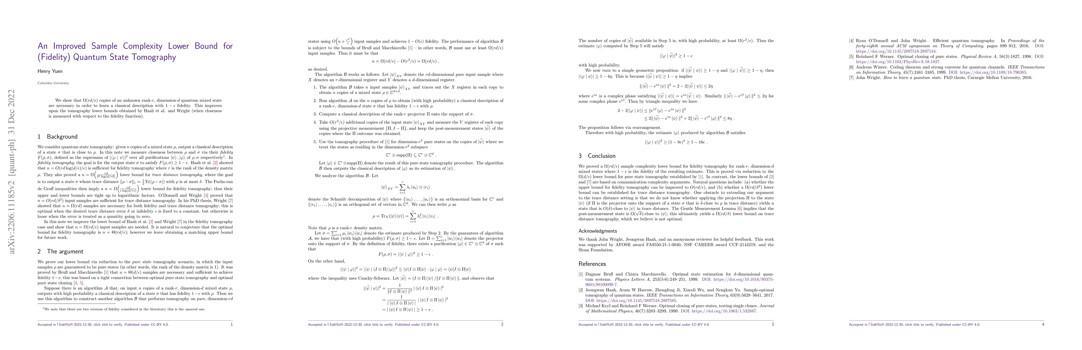 Thumbnail for An Improved Sample Complexity Lower Bound for (Fidelity) Quantum State
  Tomography