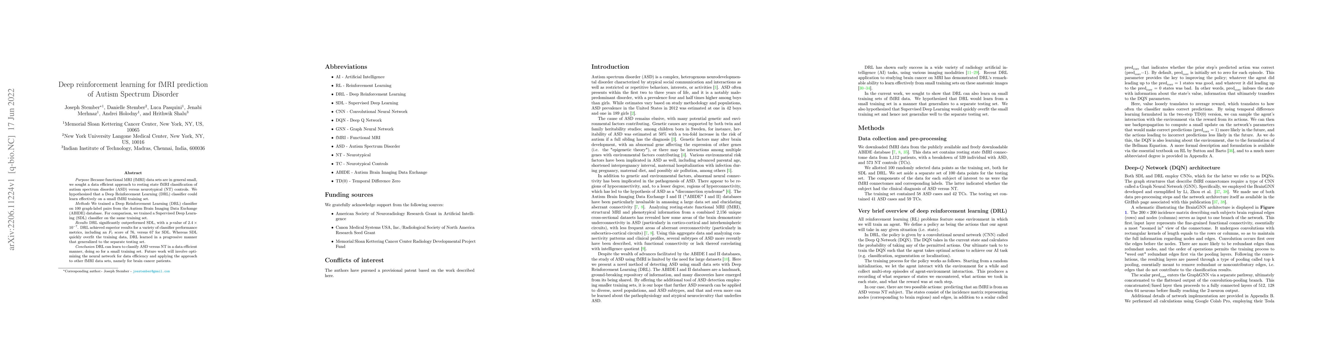 Thumbnail for Deep reinforcement learning for fMRI prediction of Autism Spectrum
  Disorder