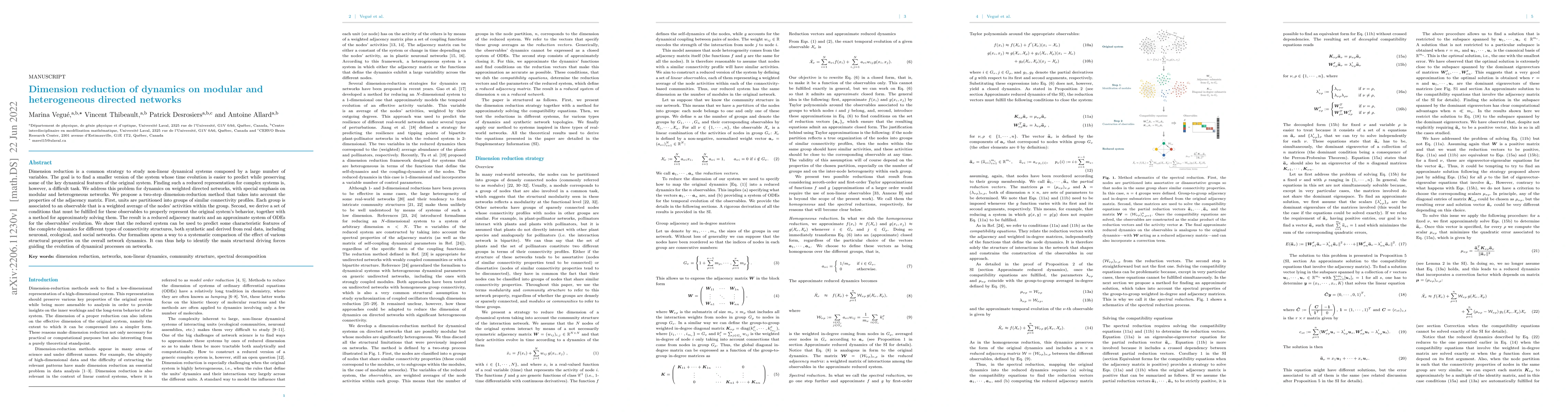 Thumbnail for Dimension reduction of dynamics on modular and heterogeneous directed
  networks