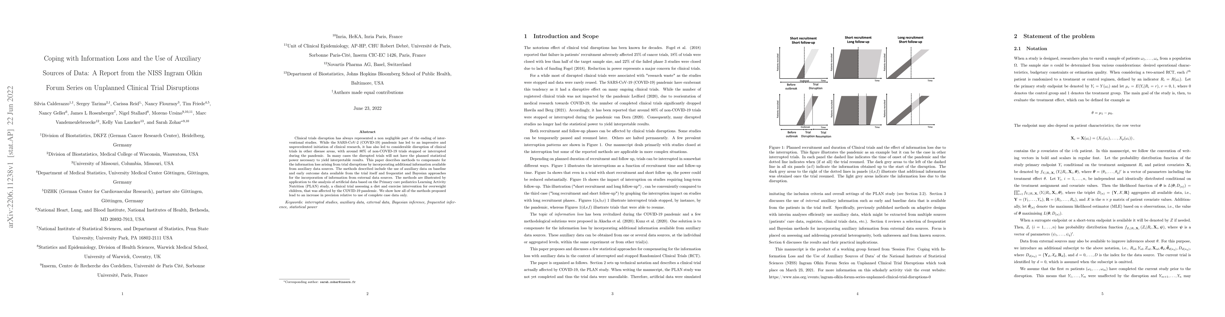 Thumbnail for Coping with Information Loss and the Use of Auxiliary Sources of Data: A
  Report from the NISS Ingram Olkin Forum Series on Unplanned Clinical Trial
  Disruptions