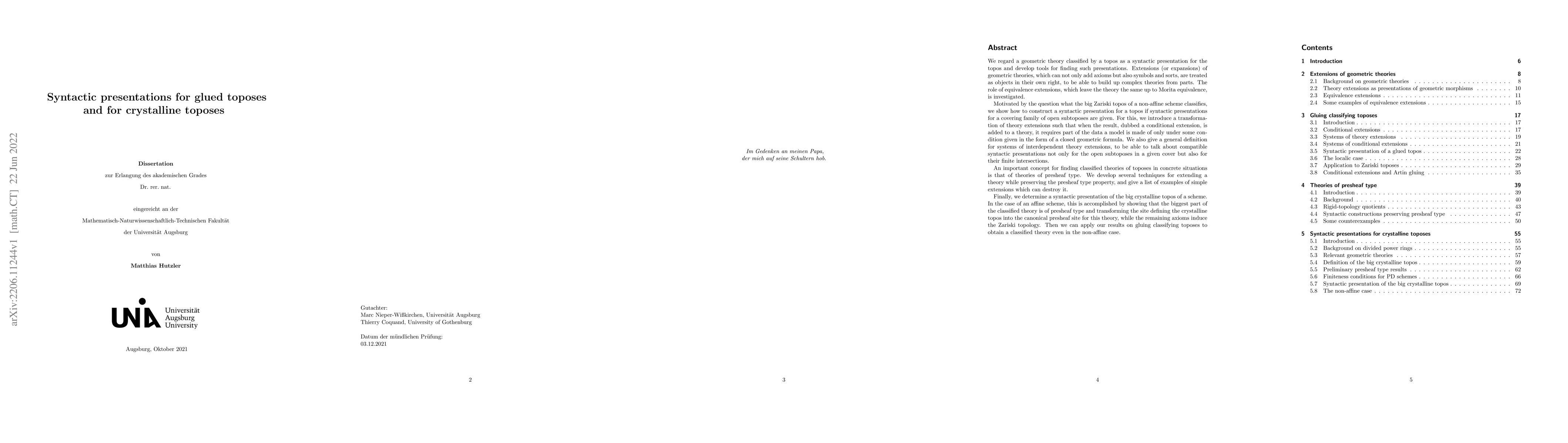 Thumbnail for Syntactic presentations for glued toposes and for crystalline toposes