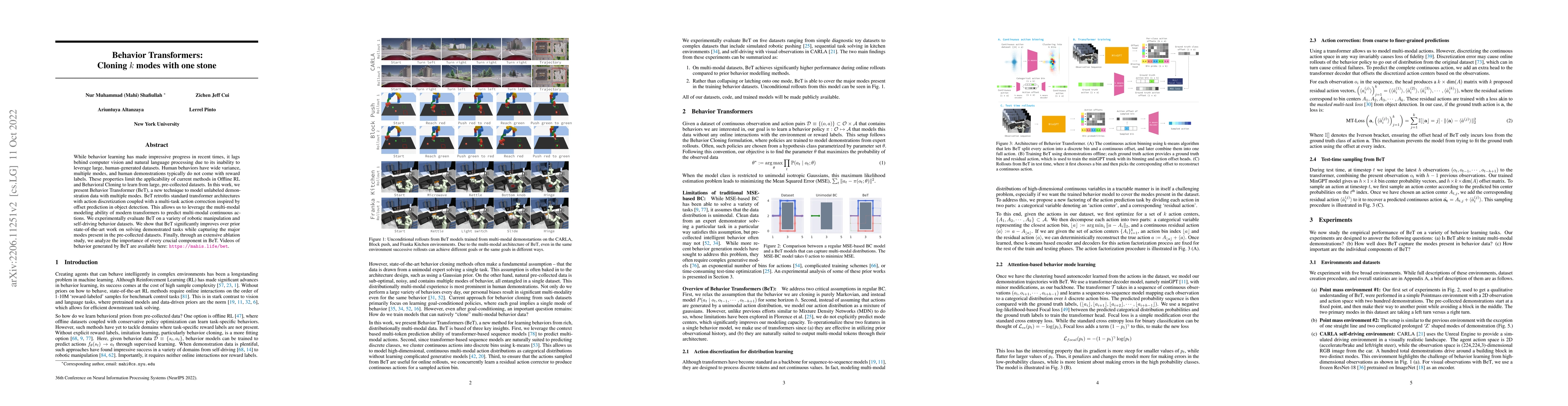 Thumbnail for Behavior Transformers: Cloning $k$ modes with one stone