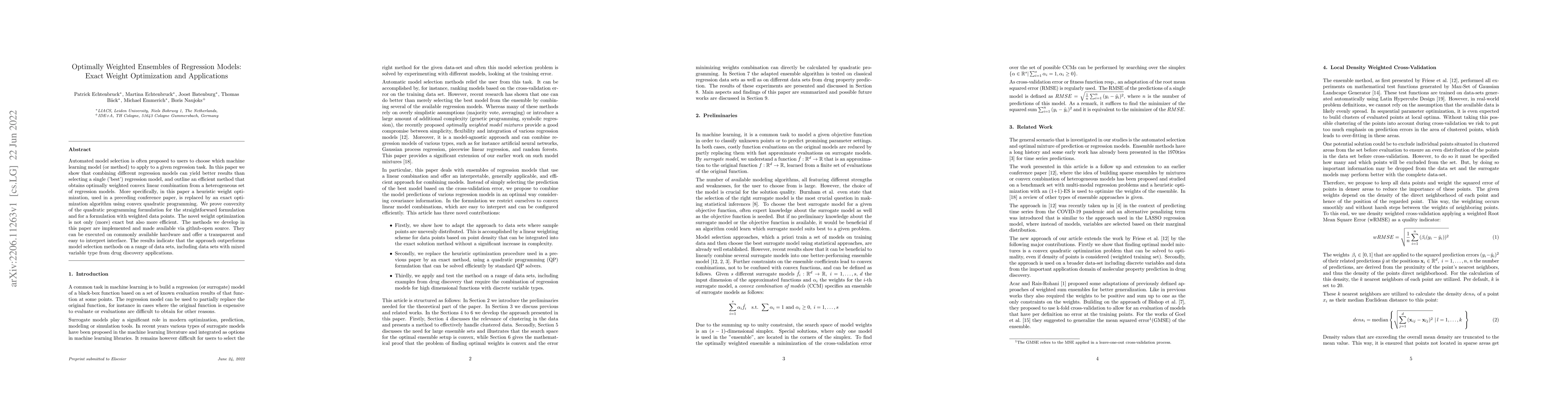 Thumbnail for Optimally Weighted Ensembles of Regression Models: Exact Weight
  Optimization and Applications
