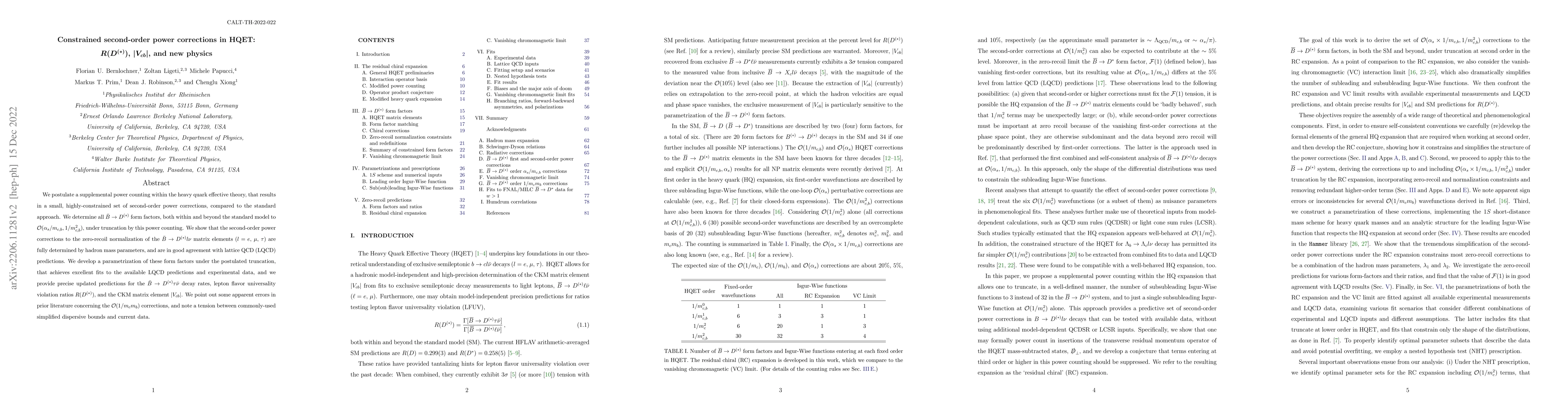Thumbnail for Constrained second-order power corrections in HQET: $R(D^{(*)})$,
  $|V_{cb}|$, and new physics