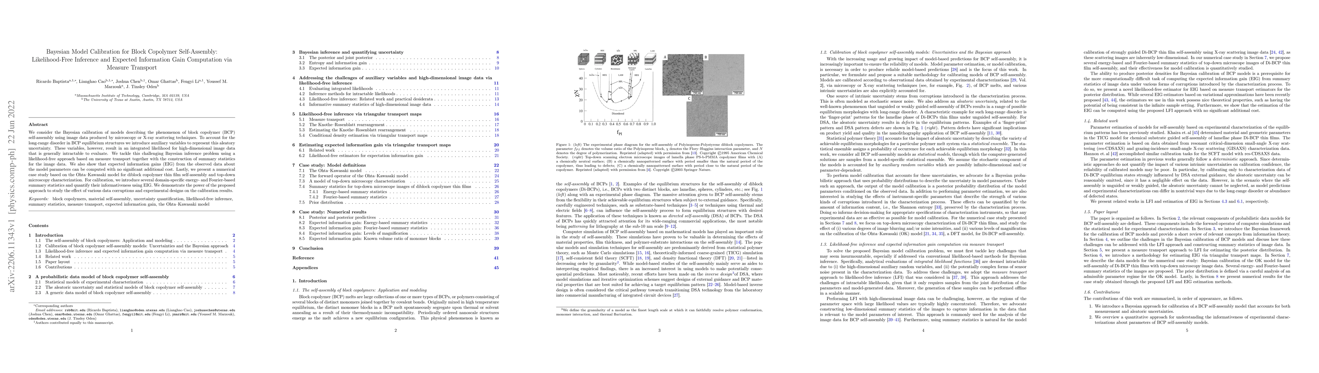 Thumbnail for Bayesian model calibration for block copolymer self-assembly:
  Likelihood-free inference and expected information gain computation via
  measure transport