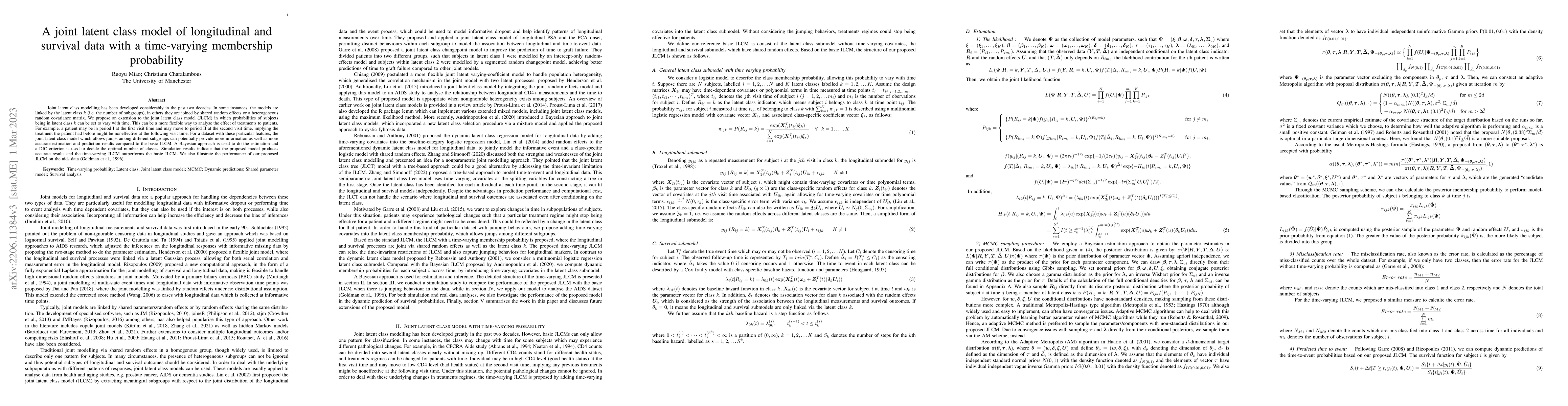 Thumbnail for A joint latent class model of longitudinal and survival data with a
  time-varying membership probability