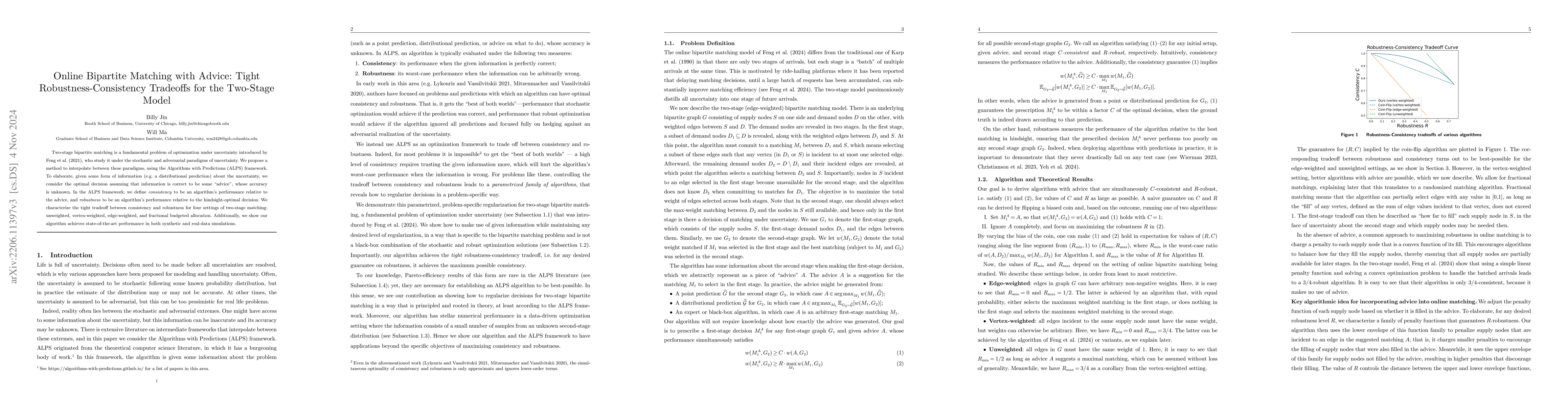 Thumbnail for Online Bipartite Matching with Advice: Tight Robustness-Consistency
  Tradeoffs for the Two-Stage Model