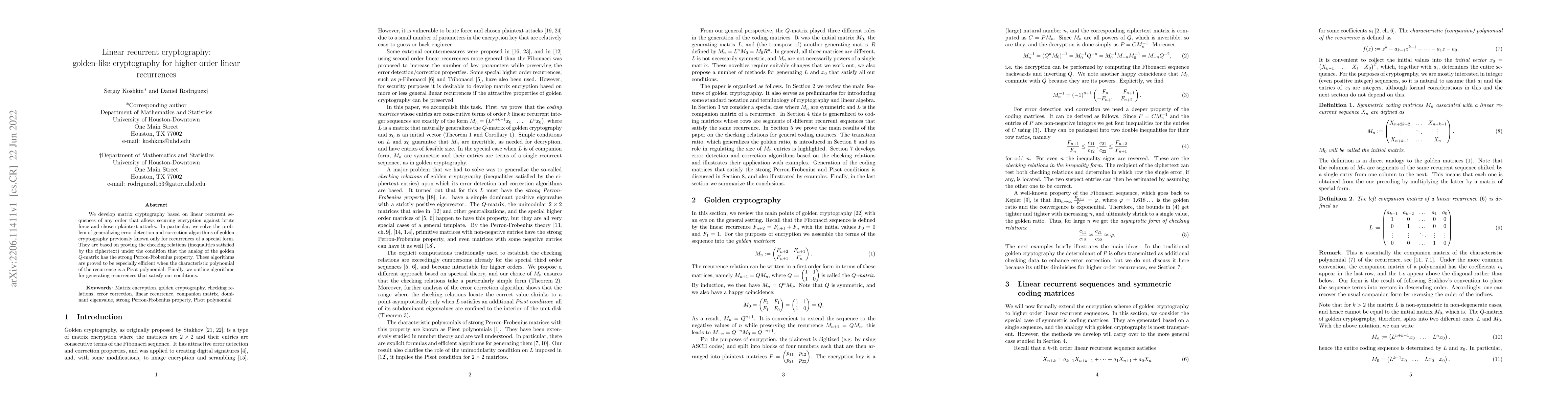 Thumbnail for Linear recurrent cryptography: golden-like cryptography for higher order
  linear recurrences