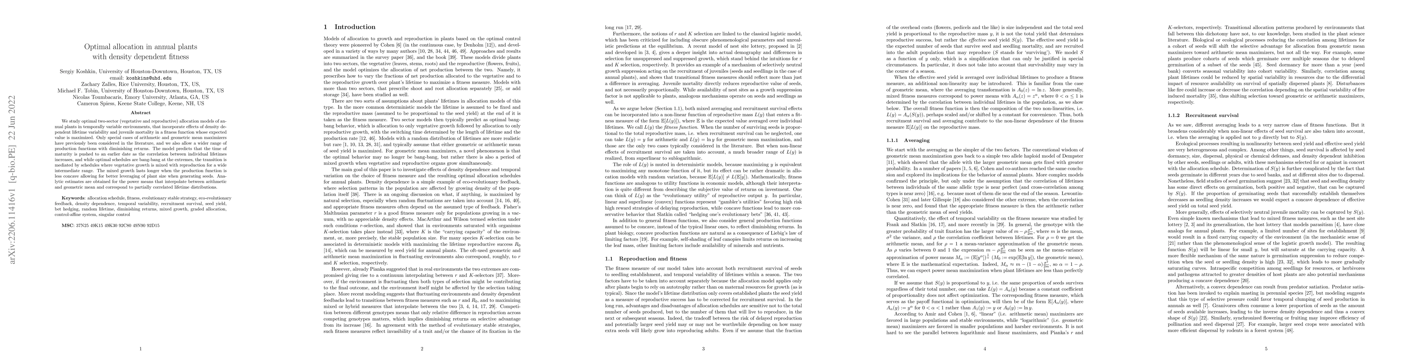 Thumbnail for Optimal allocation in annual plants with density dependent fitness
