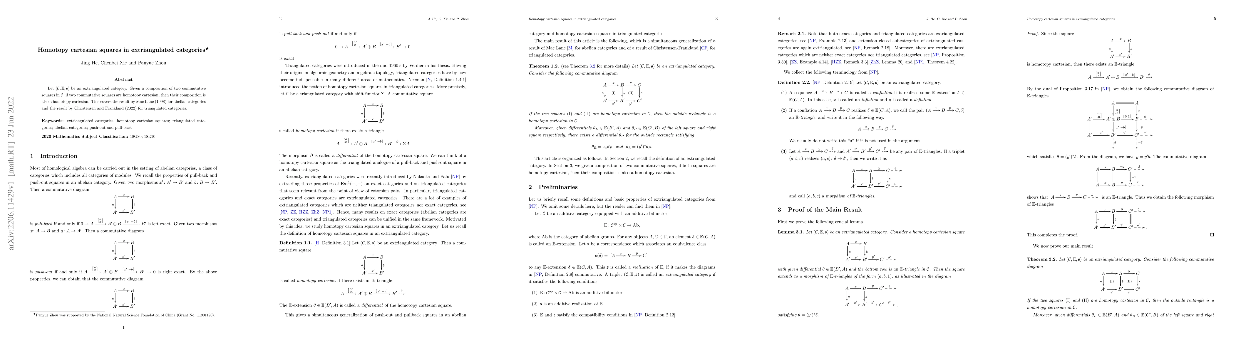 Thumbnail for Homotopy cartesian squares in extriangulated categories
