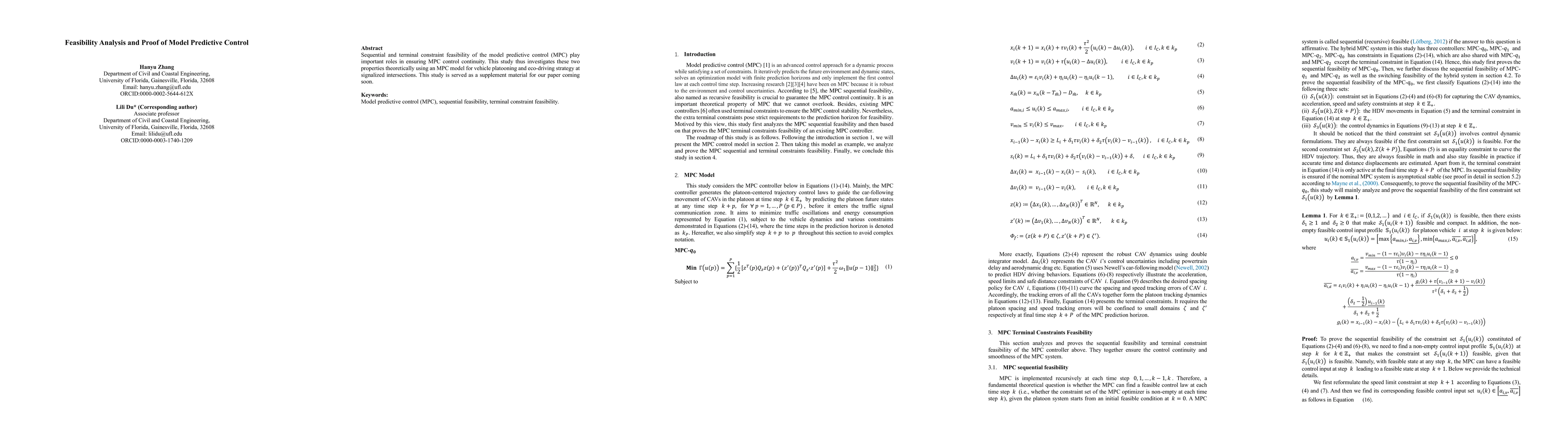 Thumbnail for Feasibility Analysis and Proof of Model Predictive Control