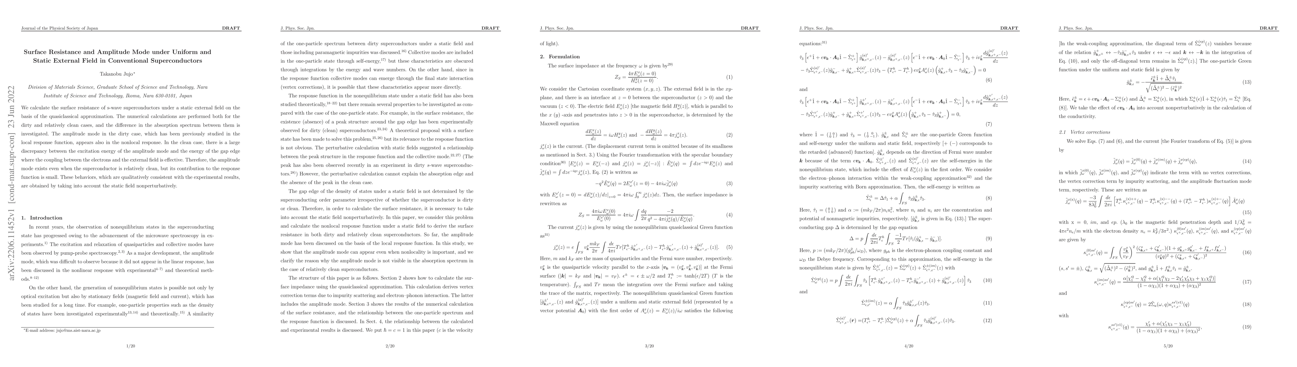 Thumbnail for Surface resistance and amplitude mode under uniform and static external
  field in conventional superconductors