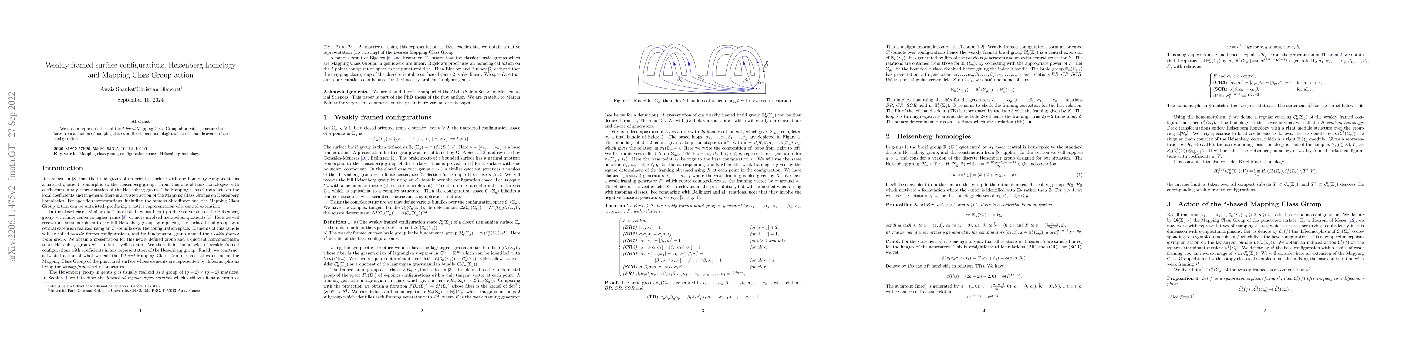 Thumbnail for Weakly framed surface configurations, Heisenberg homology and Mapping
  Class Group action