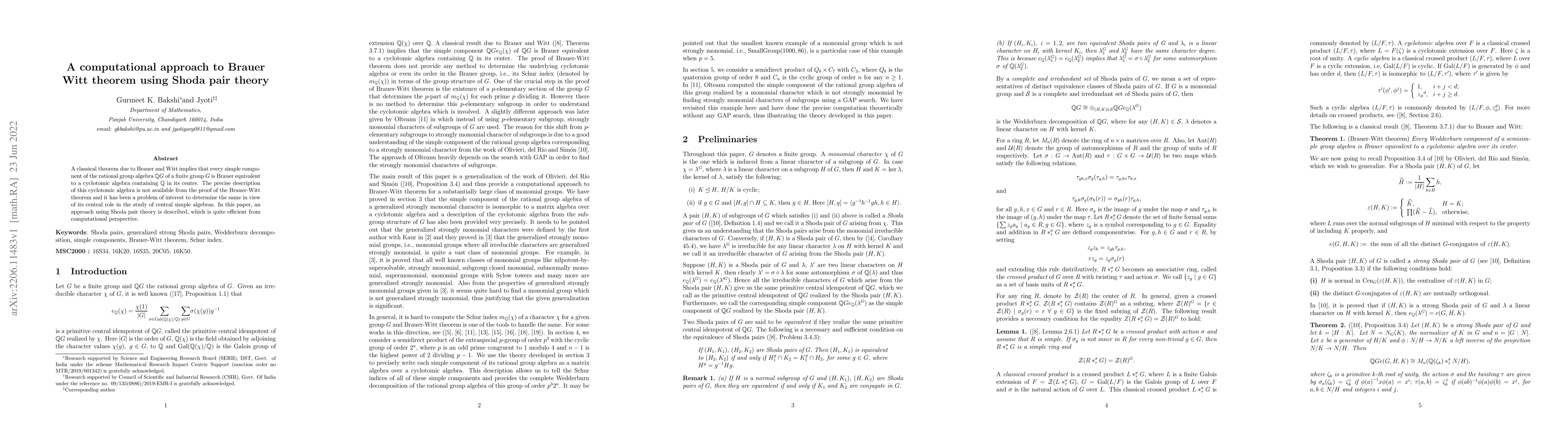 Thumbnail for A computational approach to Brauer Witt theorem using Shoda pair theory